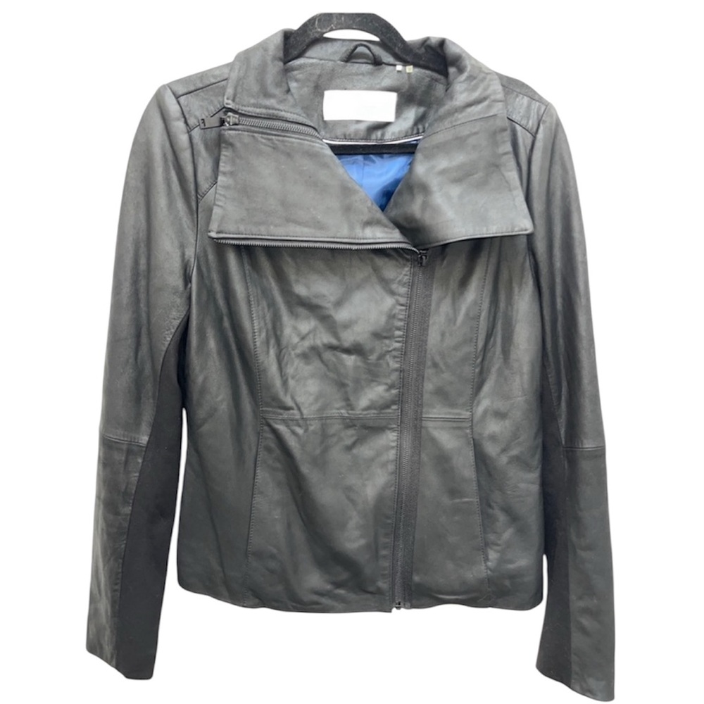 T Tahari Black Leather Angelina Z Double Zip Collar Moto Jacket Medium - Picture 1 of 16